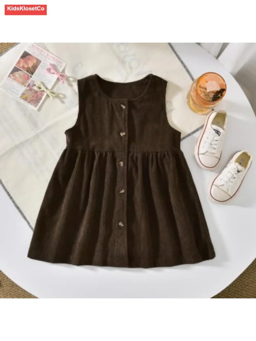 Toddler Long Sleeve Lace Collar Top Corduroy Overall Dress Set 2-Piece